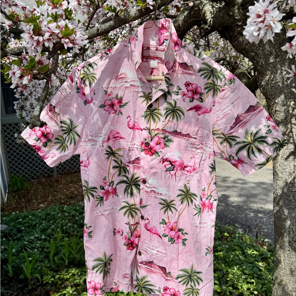 RJC Men’s Tropical Pink Flamingo Paradise Hawaiian Shirt Sz S Robert J Clancey